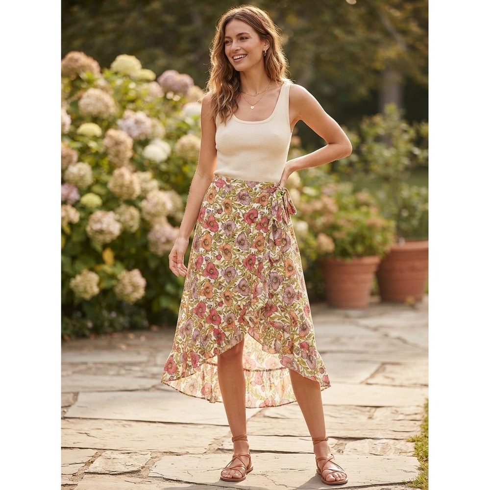 Cupcakes and Cashmere Floral Wrap Skirt Pink Orange Poppy High Low Midi Large